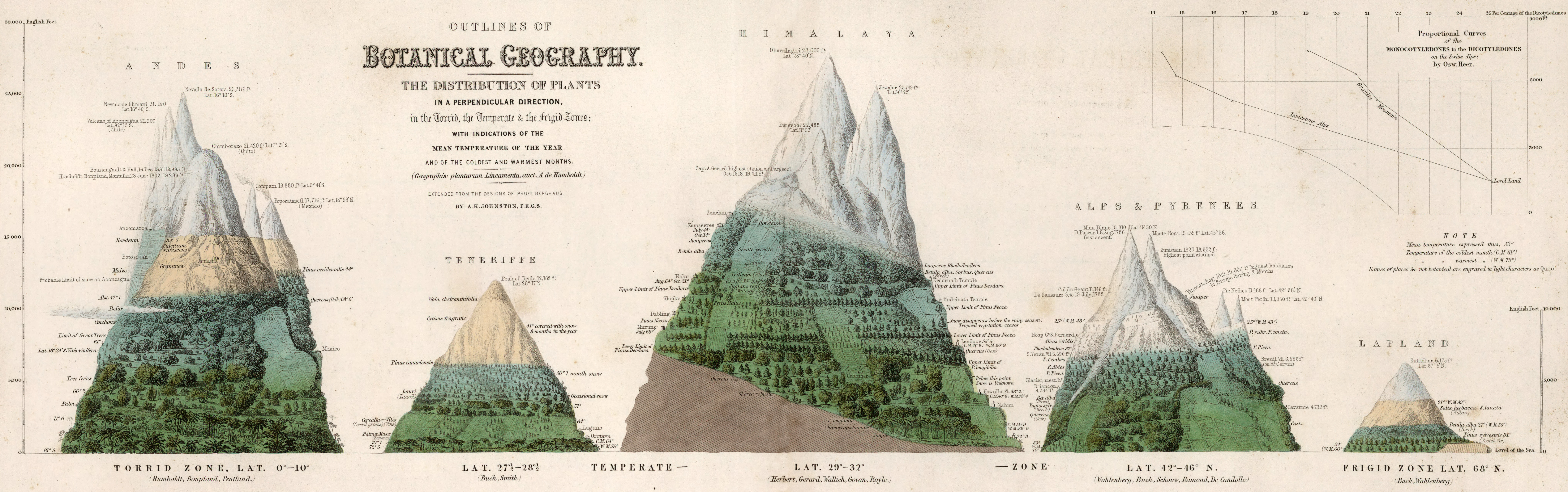 The Distribution of Plants in a Perpendicular Direction in the Torrid, Temperate & the Frigid Zones: with indications of the mean temperature of the year and the coldest and warmest months - Alexander von Humboldt - 1850